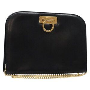 Authentic Salvatore Ferragamo Gancini Chain Shoulder Bag Leather Black Gold